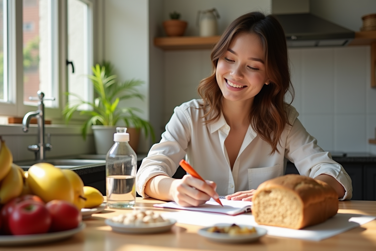 Jeune femme planifiant un repas sain avec fruits et pain complet