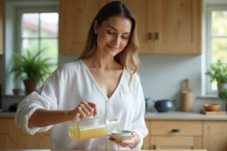 Femme préparant une cure de sève de bouleau dans sa cuisine naturelle au quotidien