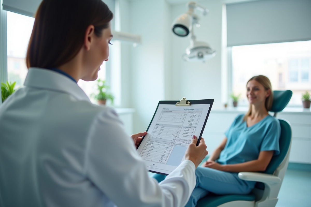 Dentiste tenant une affiche des prix dans une clinique moderne