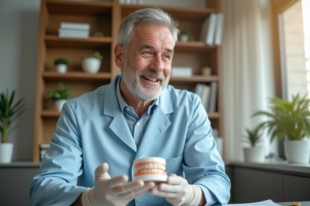 Dentiste expliquant une couronne dentaire à un patient