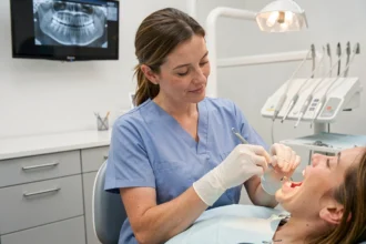 Dentiste effectuant une dévitalisation dentaire dans un cabinet moderne avec radiographie visible en arrière-plan