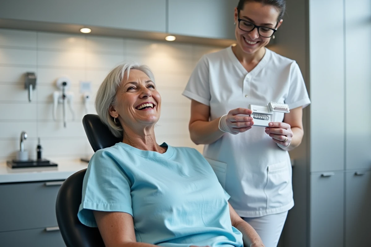 Femme souriante en clinique dentaire moderne avec hygiéniste