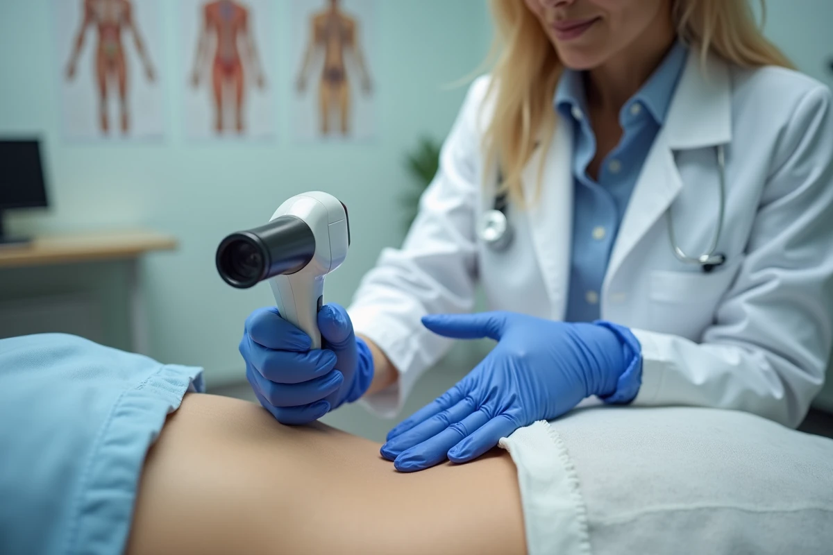 Dermatologue examinant la peau du bas-ventre d'une patiente avec un dermatoscope pour diagnostiquer un poil incarné ou une infection cutanée au niveau du pubis