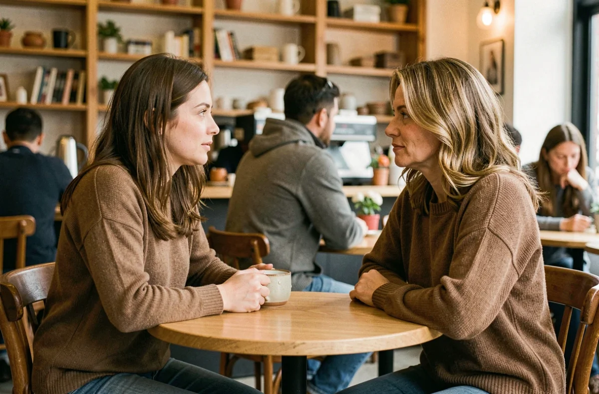 Deux femmes en conversation sincère dans un café, illustrant un échange de témoignages sur des expériences médicales personnelles