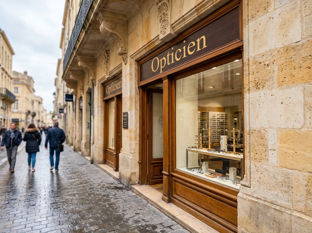 Devanture d'un opticien traditionnel au cœur du centre-ville de Bordeaux avec une façade en pierre calcaire et une vitrine élégante présentant des lunettes