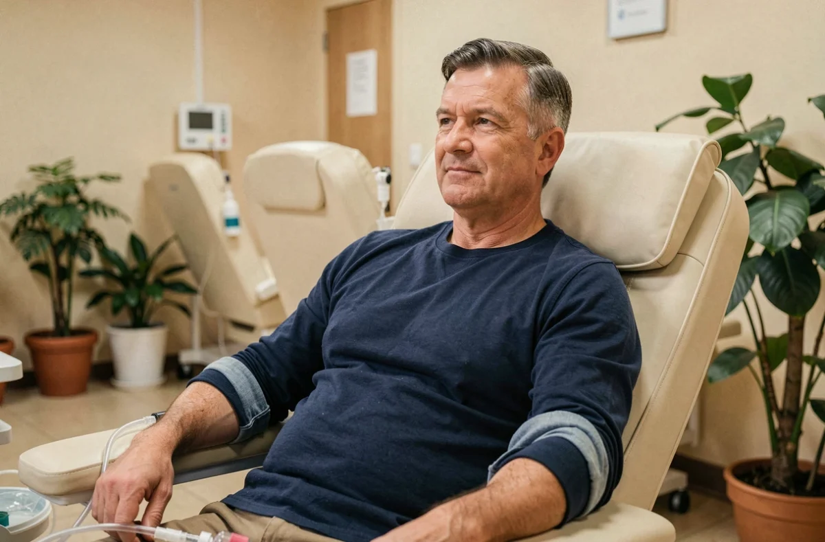 Homme adulte faisant un don de sang dans un centre de transfusion avec poche de collecte visible