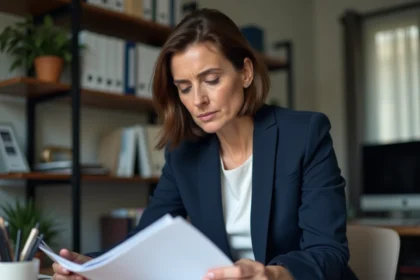 Femme examinant un dossier de maladie professionnelle tableau 57 avant envoi à la CPAM