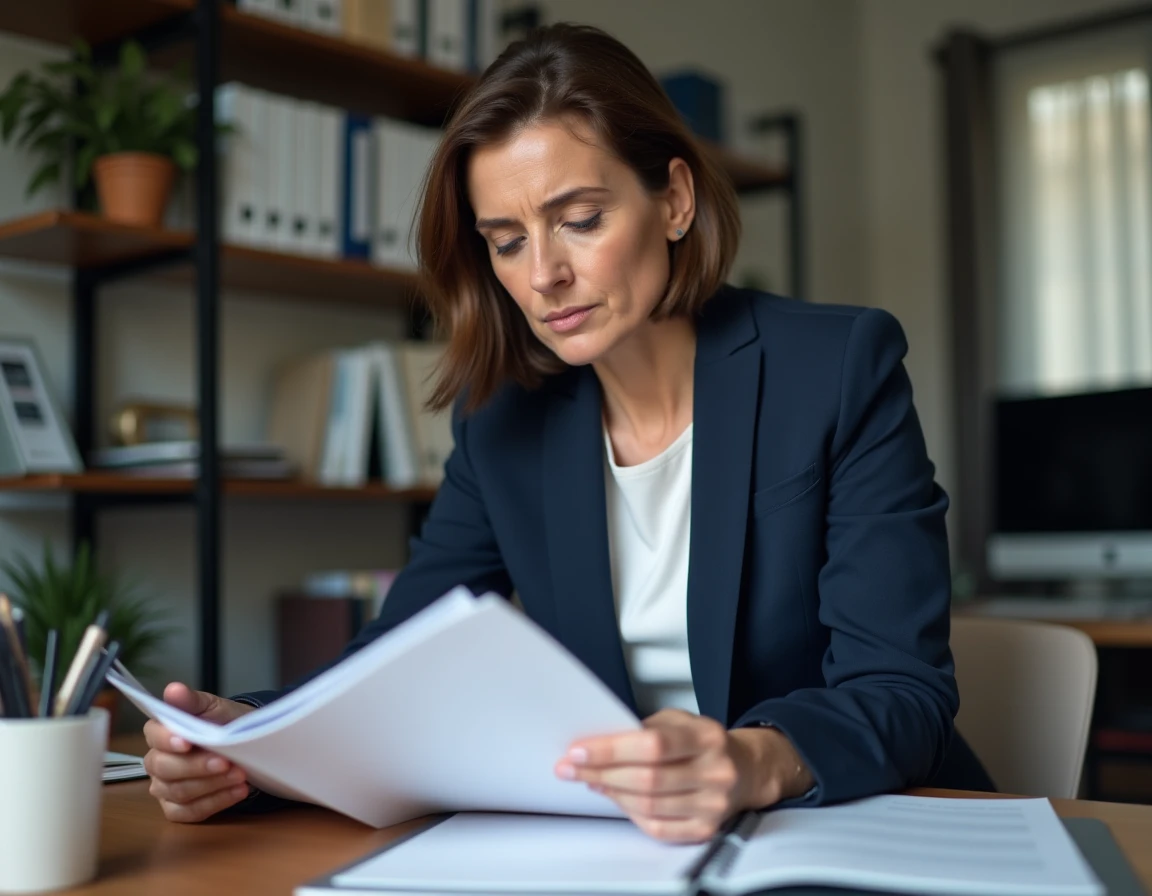 Femme examinant un dossier de maladie professionnelle tableau 57 avant envoi à la CPAM