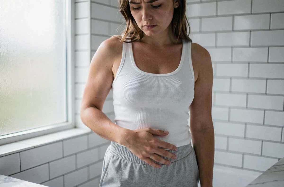 Femme ressentant une douleur au bas ventre côté gauche dans une salle de bain, main posée sur l'abdomen