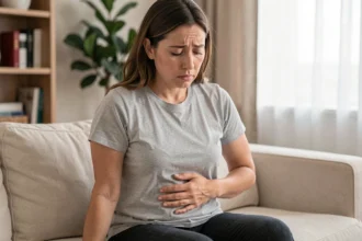 Femme tenant son bas ventre côté gauche avec une expression de douleur légère, assise dans un salon moderne