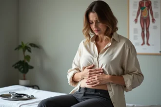 Femme d'âge mûr ressentant une douleur au foie lors d'une consultation médicale