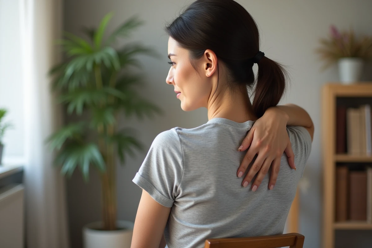 Femme appuyant sa main sur le haut du dos gauche pour soulager une douleur dorsale, assise sur une chaise en bois dans un intérieur calme