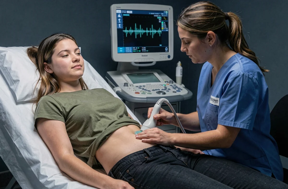 Jeune femme lors d'une échographie abdominale pour diagnostic d'endométriose ou de fibrome utérin