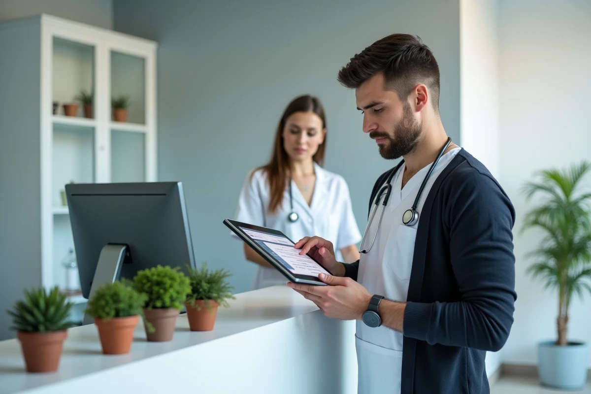 Professionnel de santé et réceptionniste utilisant un logiciel de gestion de cabinet à l'accueil