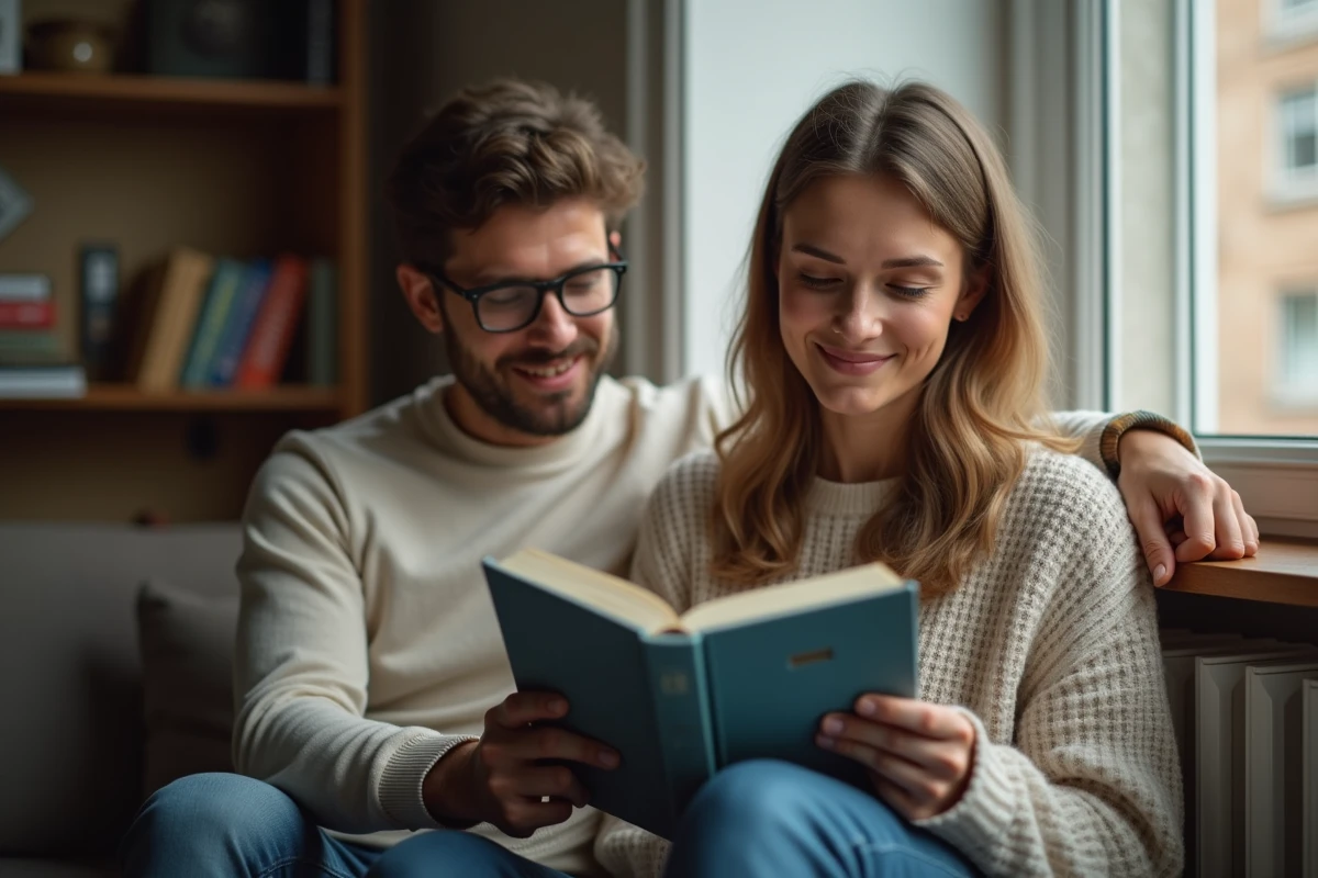 Homme tenant un livre de développement personnel et encourageant sa partenaire épuisée à positiver, en ignorant sa souffrance réelle