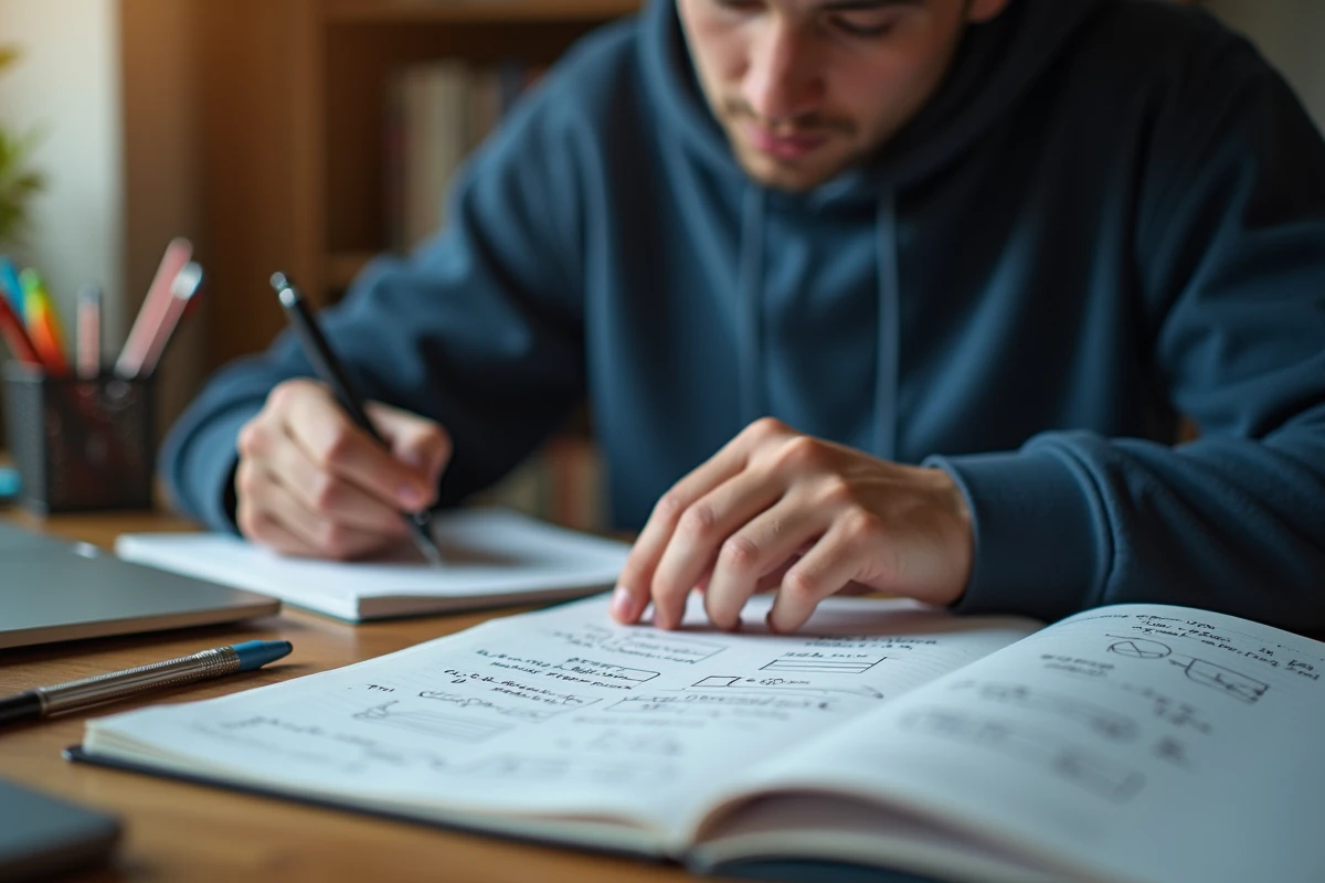 Étudiant calculant la tension électrique dans un cahier de physique avec un manuel scolaire ouvert sur la loi d'Ohm à son bureau