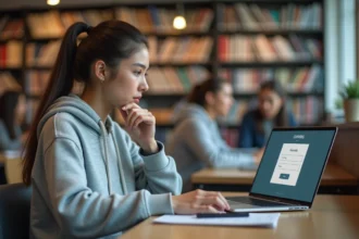Étudiante devant un portail de connexion universitaire sur un ordinateur portable dans une bibliothèque