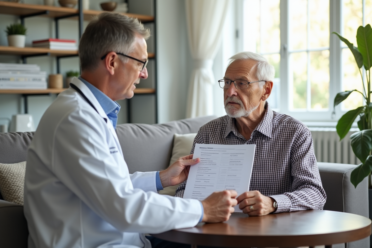 Médecin expliquant un test de mémoire à un homme âgé dans un salon