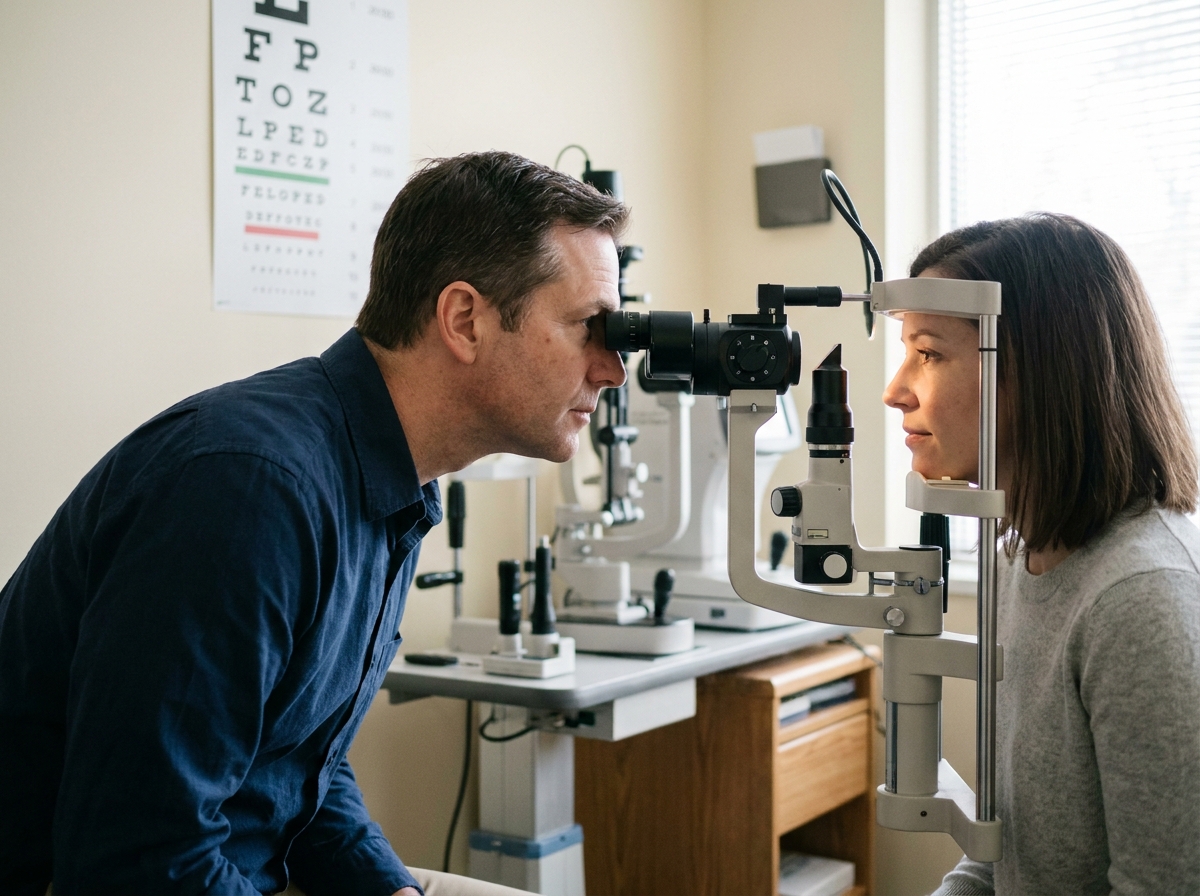Examen de la vue chez un opticien avec un équipement de réfraction professionnel