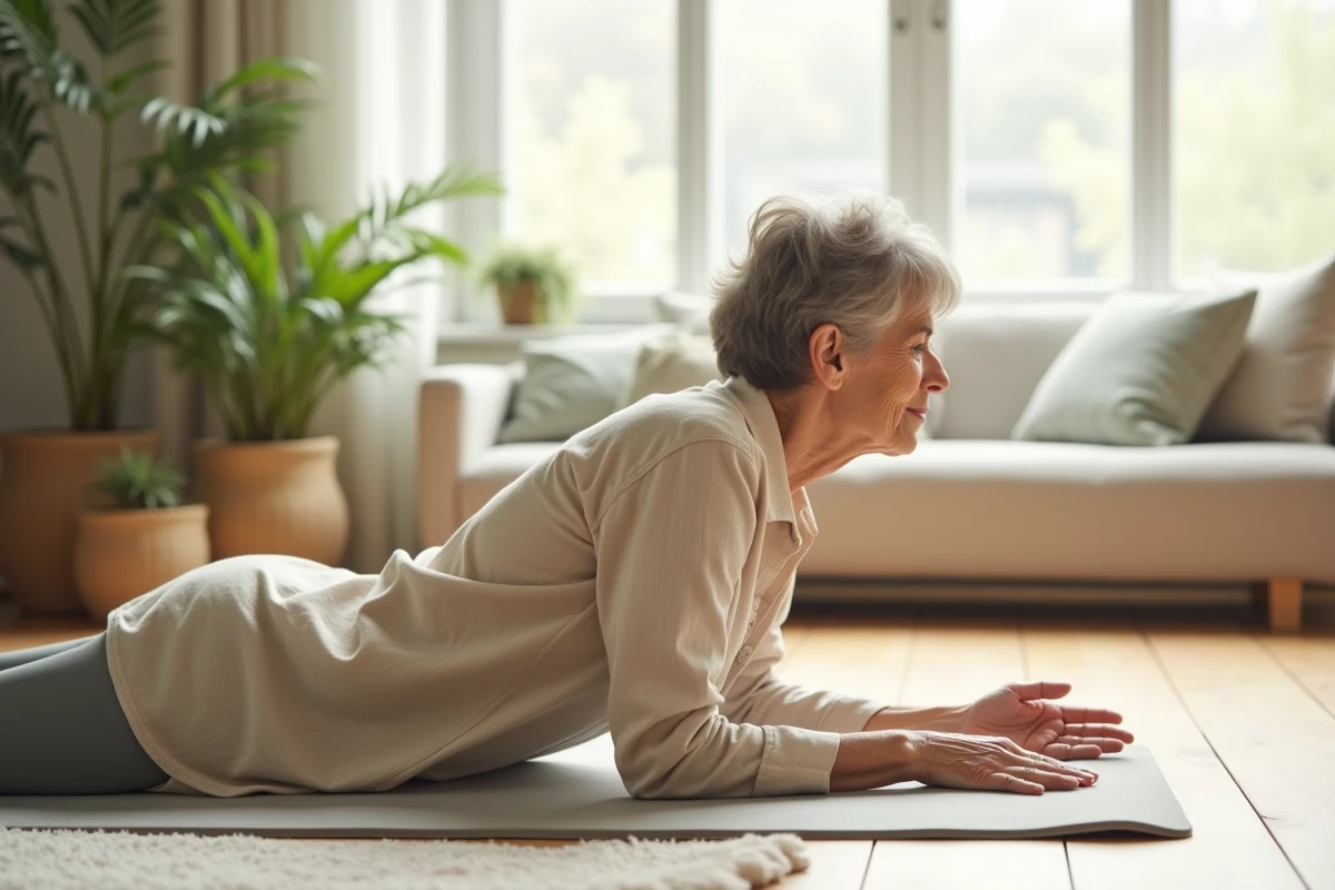 Femme faisant un exercice d'étirement en sphinx sur un tapis de yoga pour soulager une douleur dans le haut du dos à gauche