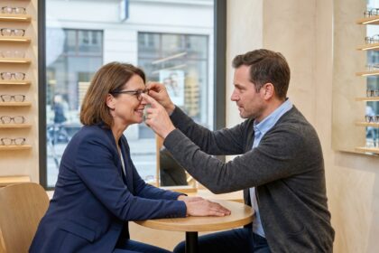 Femme d affaires souriante chez l opticien
