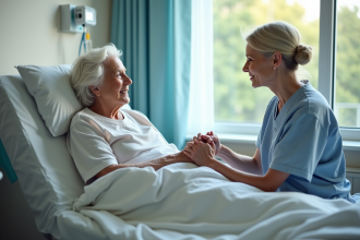 Femme agee tenant la main de sa fille dans une chambre d'hôpital