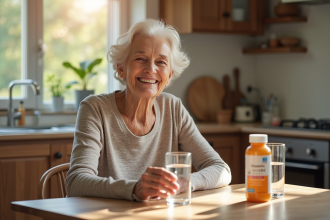 Femme agee souriante prenant vitamine B6 au matin