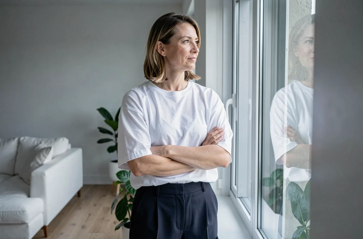 Femme debout près d'une fenêtre dans un appartement moderne, regard introspectif, symbolisant la résilience et le témoignage médical féminin