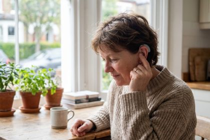Femme d'âge moyen ajustant un appareil auditif dans sa maison