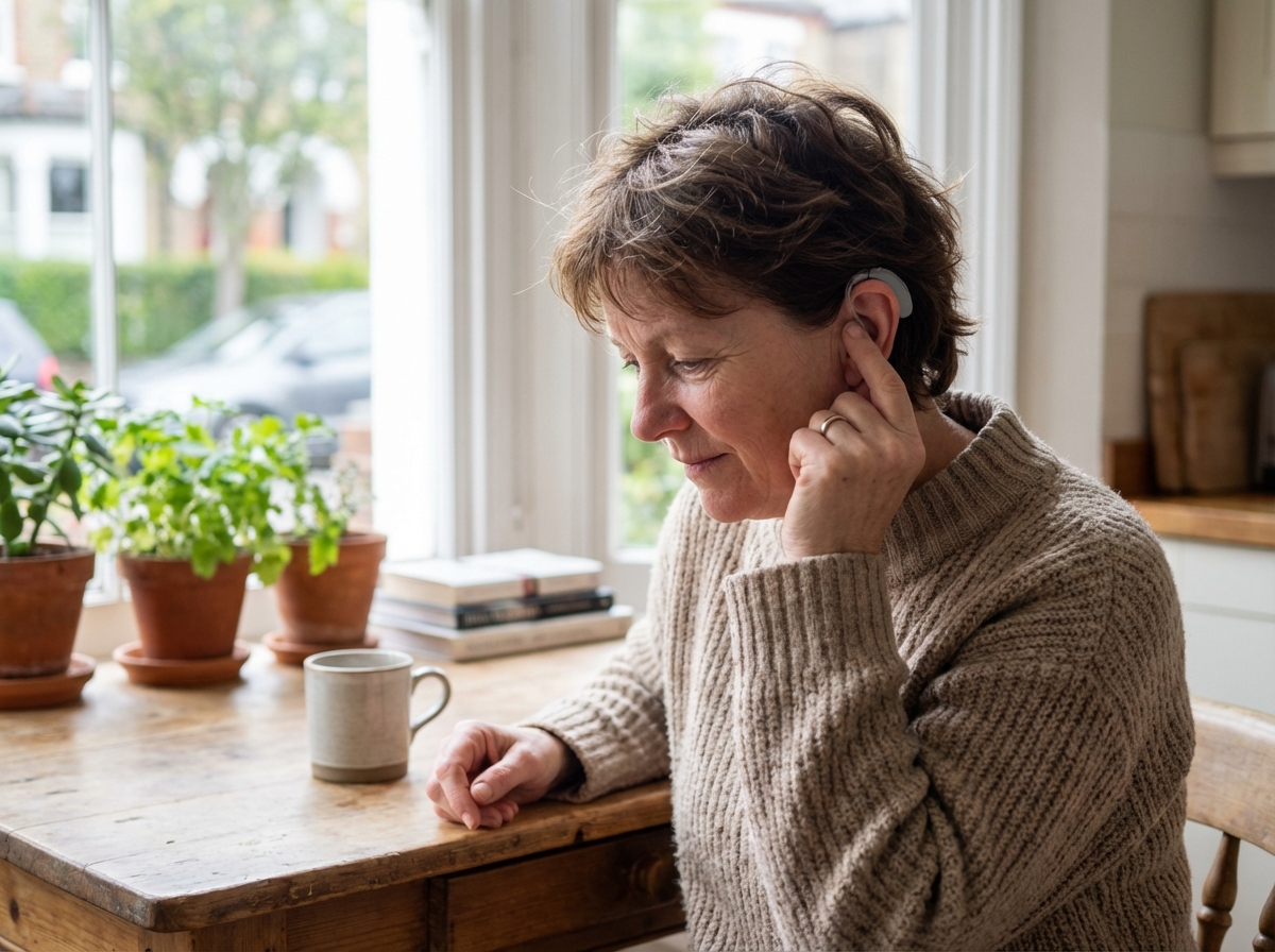 Femme d'âge moyen ajustant un appareil auditif dans sa maison