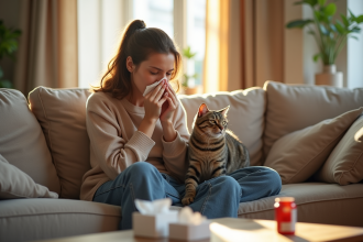 Femme avec chat allergie dans un salon lumineux