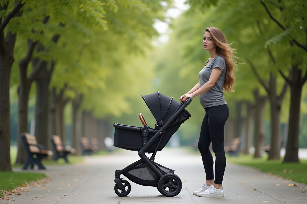 Femme avec poussette dans un parc urbain calme
