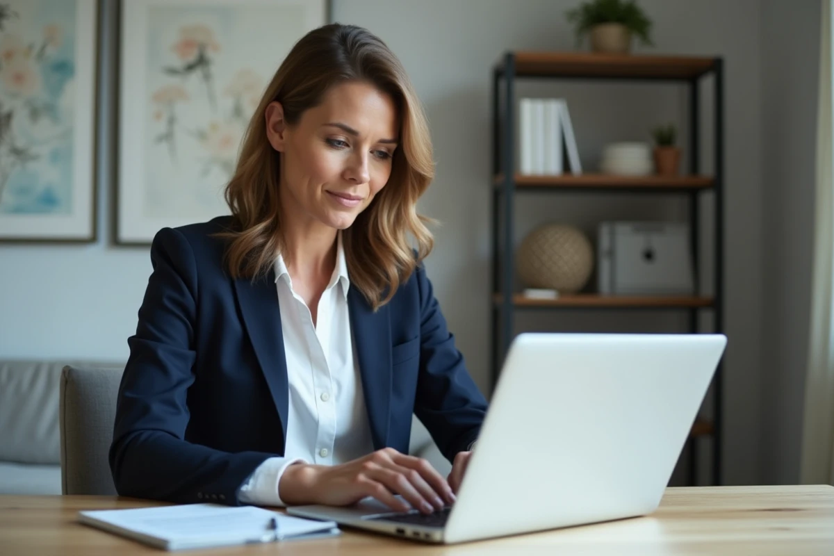 Femme d'âge moyen travaillant sur un ordinateur dans un bureau moderne