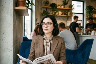 Femme en blazer tweed dans un café moderne et cosy