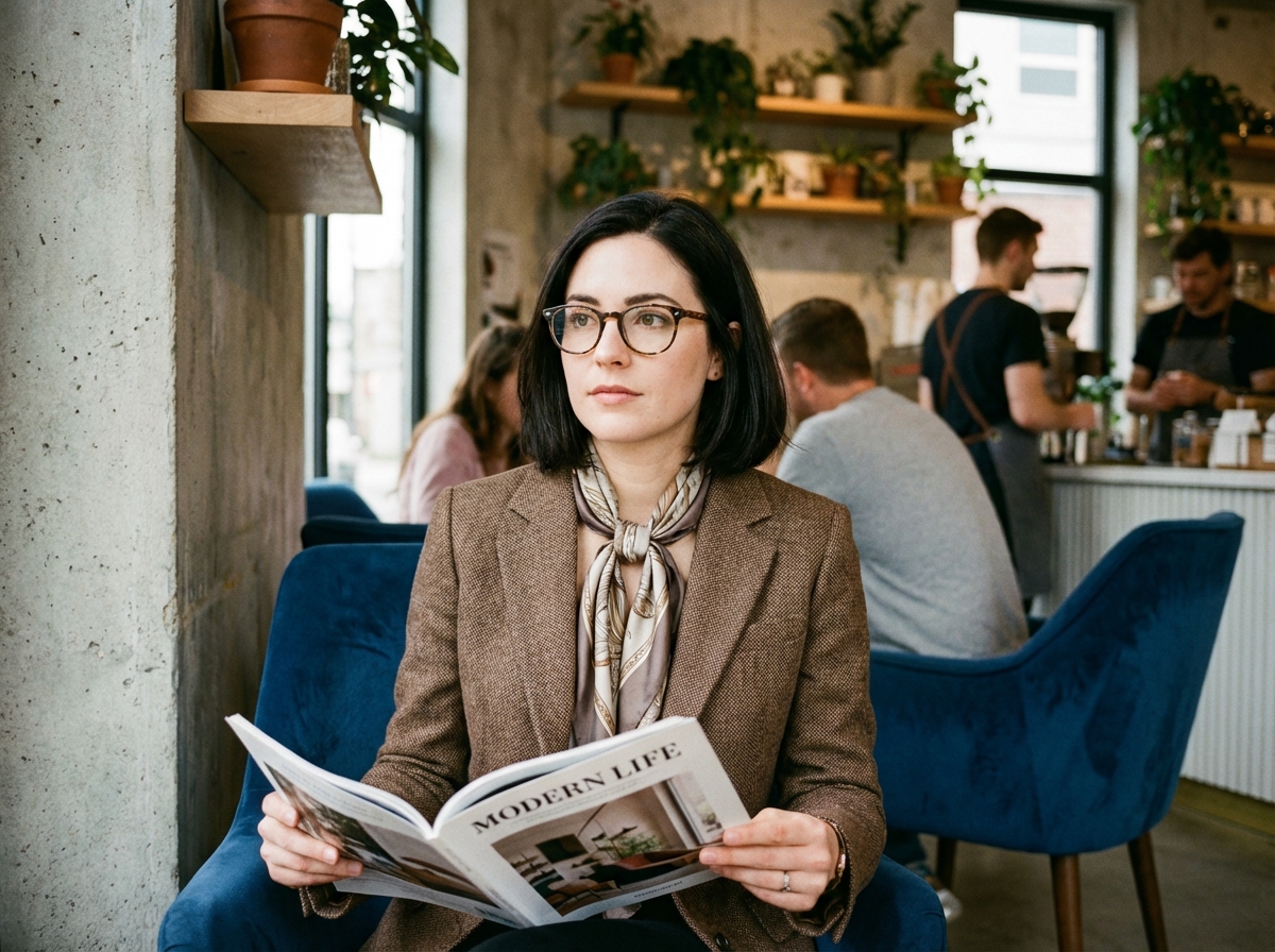 Femme en blazer tweed dans un café moderne et cosy