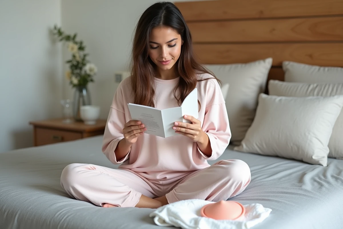 Jeune femme lisant des informations sur les protections menstruelles réutilisables dans une chambre lumineuse et naturelle