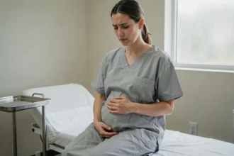 Femme en consultation gynécologique assise sur une table d'examen tenant son abdomen, illustrant la douleur liée aux kystes ovariens