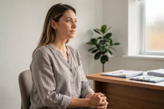 Femme assise dans un cabinet médical, regard pensif vers la fenêtre, illustrant un témoignage sur une opération chirurgicale gynécologique