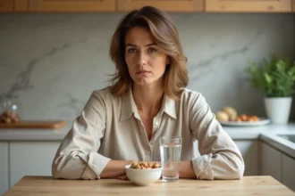 Femme hésitante devant un verre d'eau et des noix, illustrant les erreurs courantes avec les coupe-faim naturels