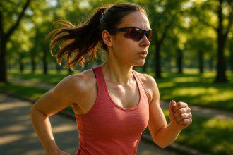 Femme active courant dans un parc ensoleille avec lunettes sportives