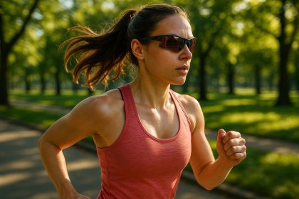 Femme active courant dans un parc ensoleille avec lunettes sportives
