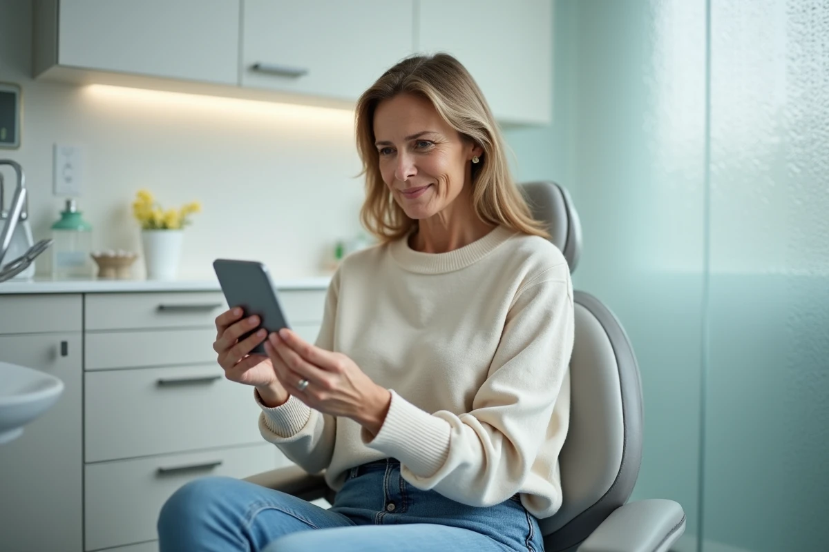 Femme dentaire dans une salle moderne en réflexion