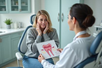 Femme d'âge moyen en cabinet dentaire moderne avec diagramme