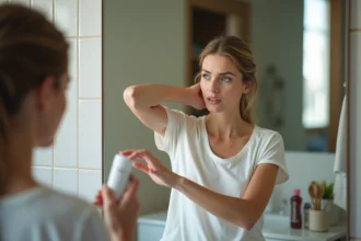 Femme avec déodorant naturel dans une salle de bain moderne