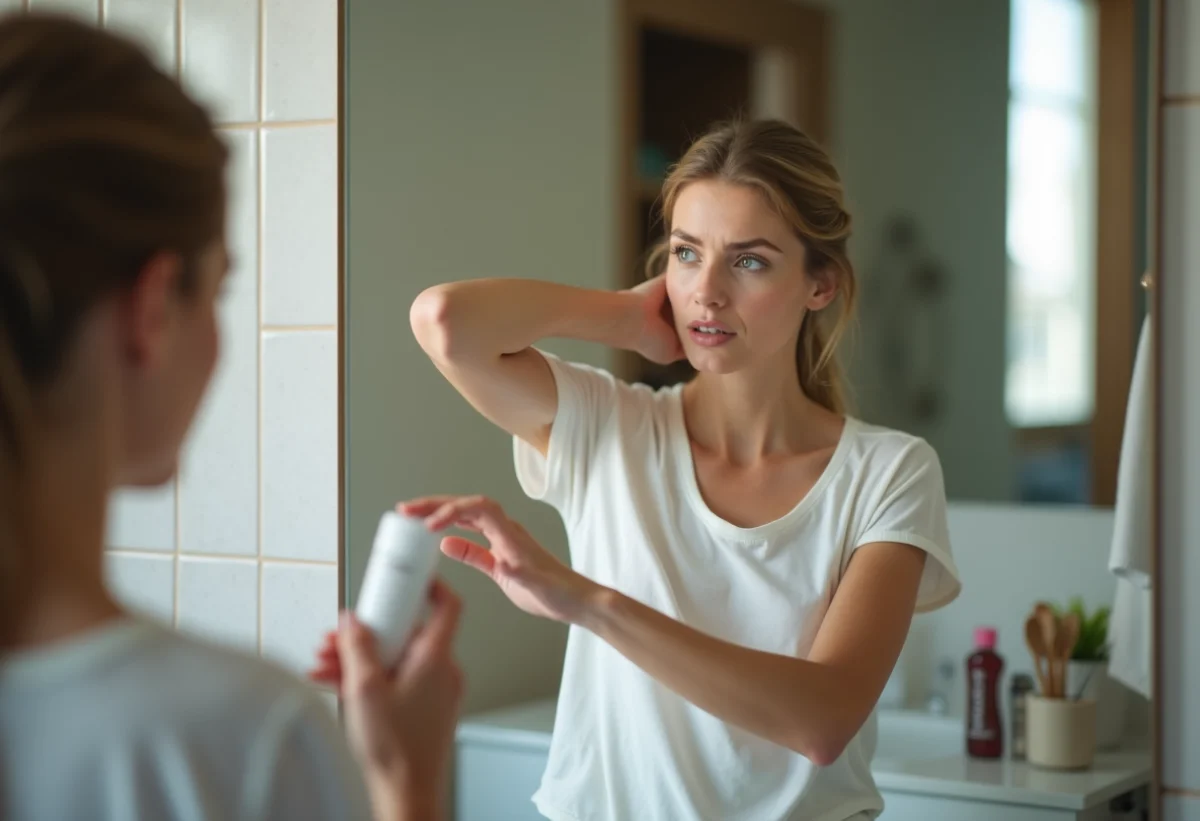 Femme avec déodorant naturel dans une salle de bain moderne