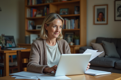 Femme d'âge moyen avec dossier dans un salon chaleureux