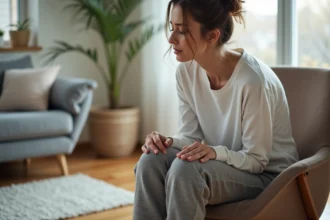Femme assise avec précaution sur une chaise rembourrée en raison d'une douleur au coccyx, dans un intérieur domestique moderne