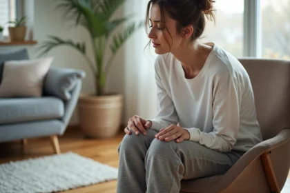 Femme assise avec précaution sur une chaise rembourrée en raison d'une douleur au coccyx, dans un intérieur domestique moderne
