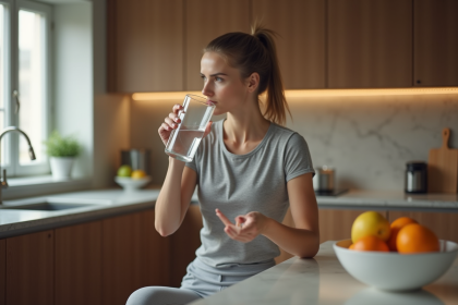 Femme buvant de l'eau dans une cuisine moderne