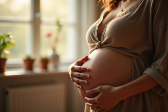Femme enceinte tenant son ventre avec un collier bola délicat